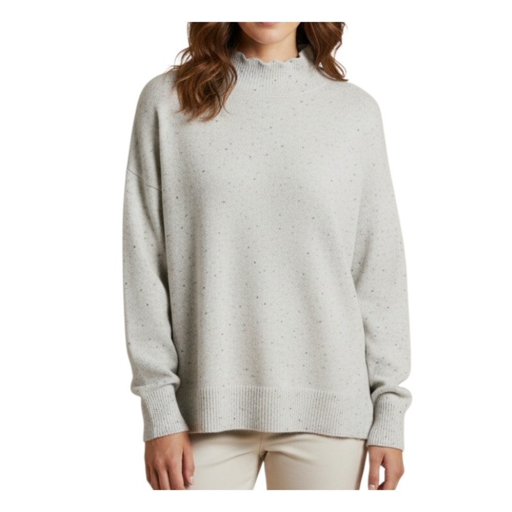 Ann Taylor LOFT SWEATER Pale Gray Speckle MOCK NECK SIDE SLITS Super Soft SZ L